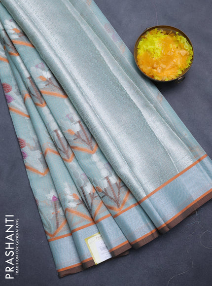 Cotton zari kota tissue saree pastel blue with allover thread & silver zari weaves and silver zari woven border