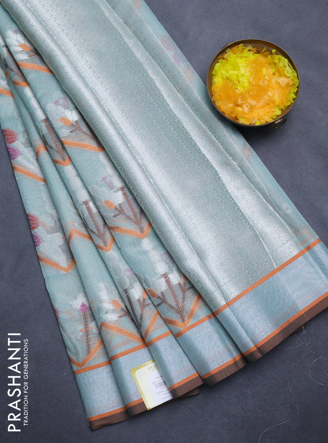 Cotton zari kota tissue saree pastel blue with allover thread & silver zari weaves and silver zari woven border