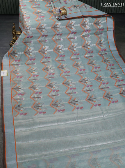 Cotton zari kota tissue saree pastel blue with allover thread & silver zari weaves and silver zari woven border
