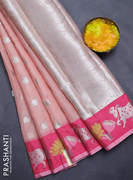 Cotton zari kota saree peach pink and pink with silver zari woven buttas and pichwai design zari border