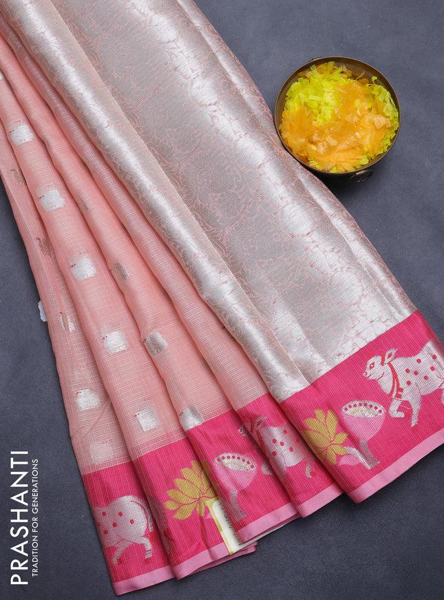 Cotton zari kota saree peach pink and pink with silver zari woven buttas and pichwai design zari border