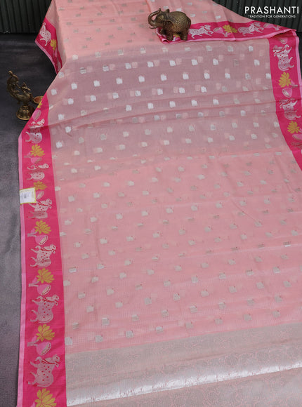 Cotton zari kota saree peach pink and pink with silver zari woven buttas and pichwai design zari border