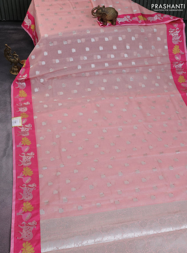 Cotton zari kota saree peach pink and pink with silver zari woven buttas and pichwai design zari border