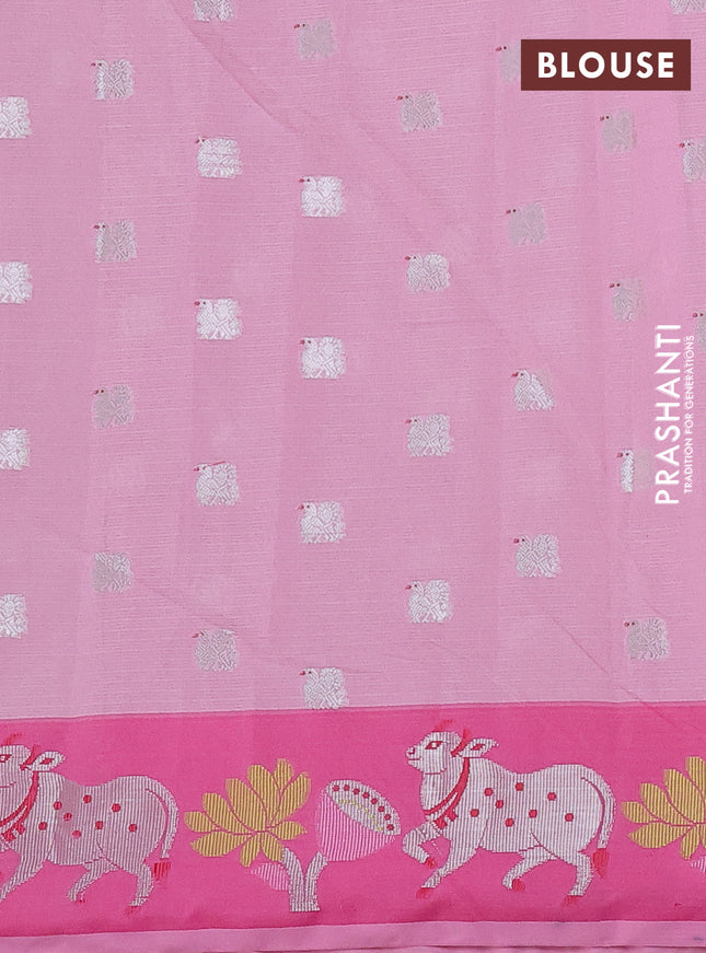 Cotton zari kota saree peach pink and pink with silver zari woven buttas and pichwai design zari border