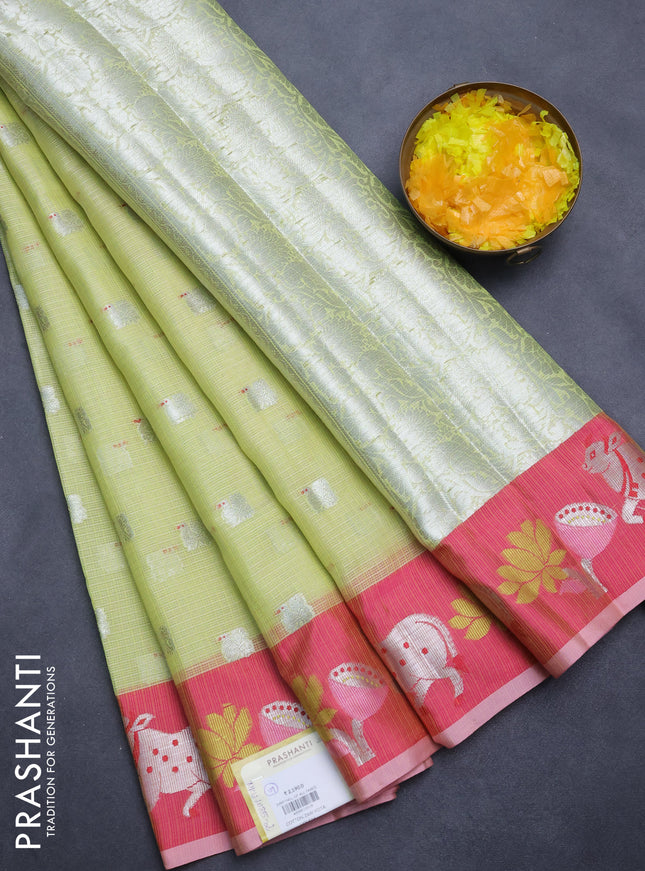 Cotton zari kota saree mild pista green and pink with silver zari woven buttas and pichwai design zari border