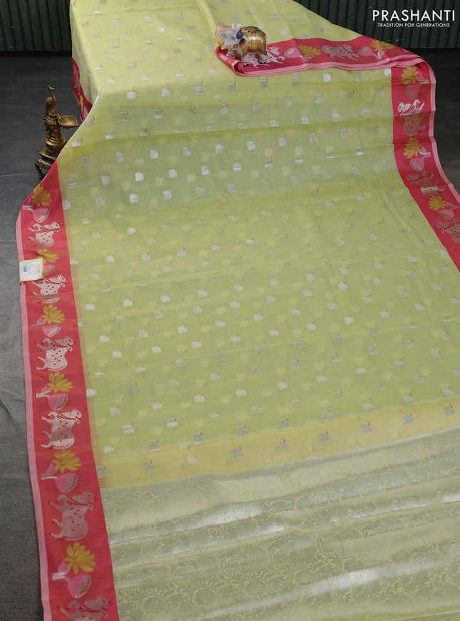 Cotton zari kota saree mild pista green and pink with silver zari woven buttas and pichwai design zari border
