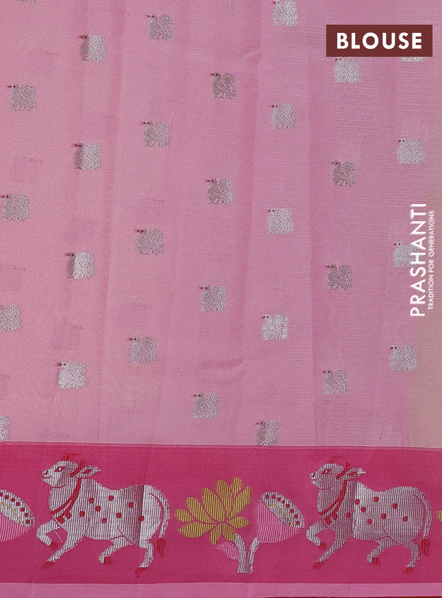 Cotton zari kota saree mild pista green and pink with silver zari woven buttas and pichwai design zari border
