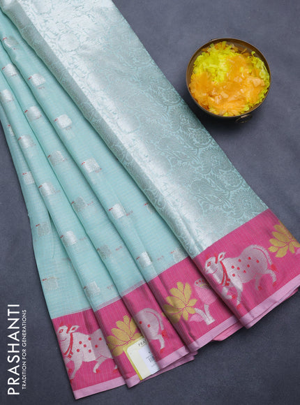 Cotton zari kota saree teal blue and pink with silver zari woven buttas and pichwai design zari border