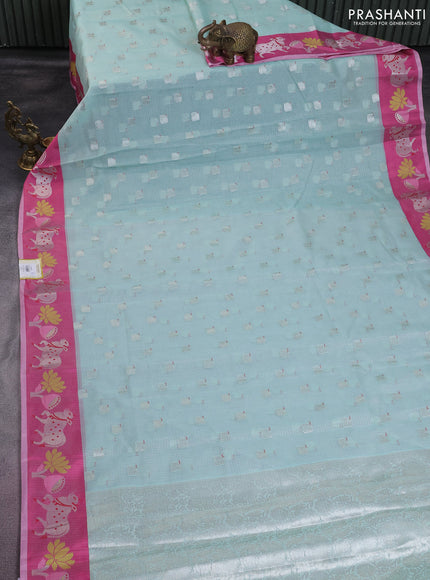 Cotton zari kota saree teal blue and pink with silver zari woven buttas and pichwai design zari border