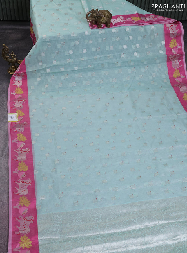 Cotton zari kota saree teal blue and pink with silver zari woven buttas and pichwai design zari border