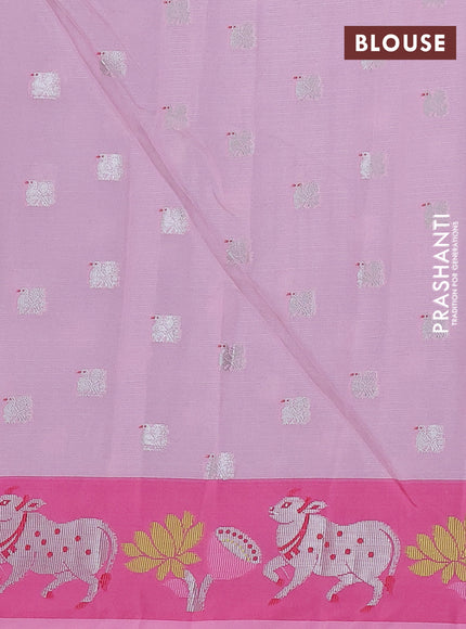 Cotton zari kota saree teal blue and pink with silver zari woven buttas and pichwai design zari border