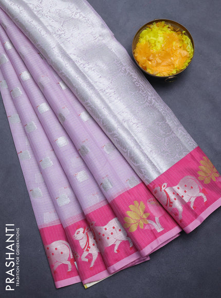 Cotton zari kota saree pastel lavender and pink with silver zari woven buttas and pichwai design zari border