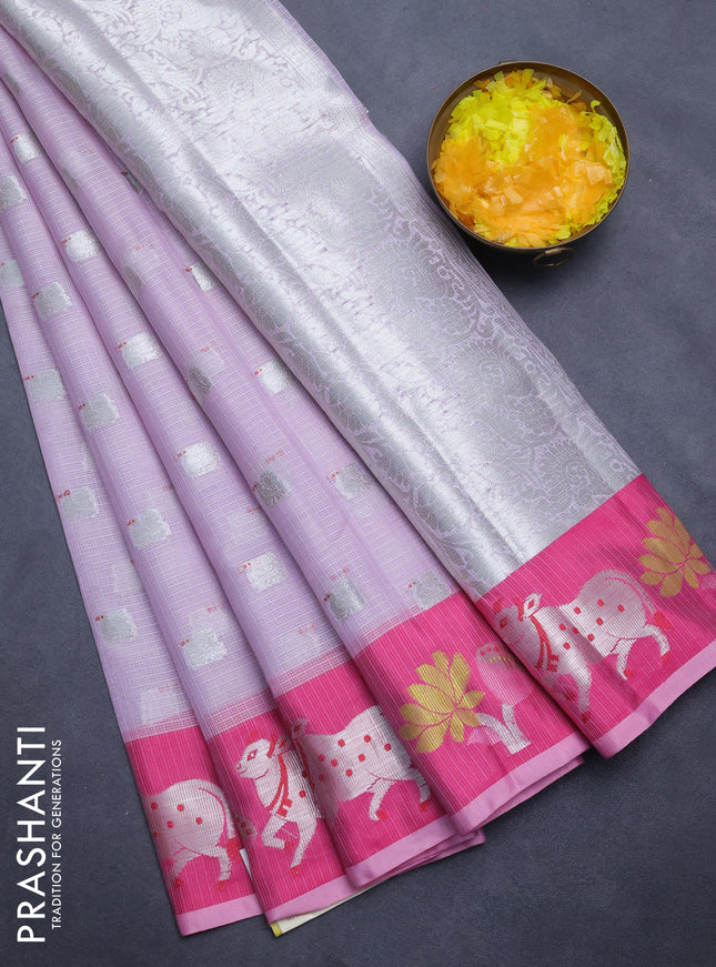 Cotton zari kota saree pastel lavender and pink with silver zari woven buttas and pichwai design zari border