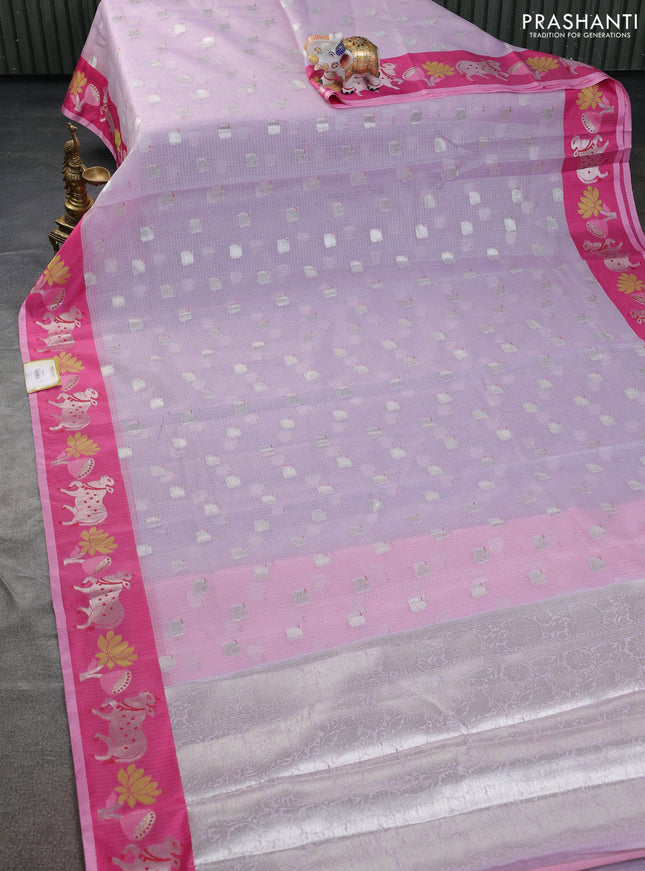Cotton zari kota saree pastel lavender and pink with silver zari woven buttas and pichwai design zari border