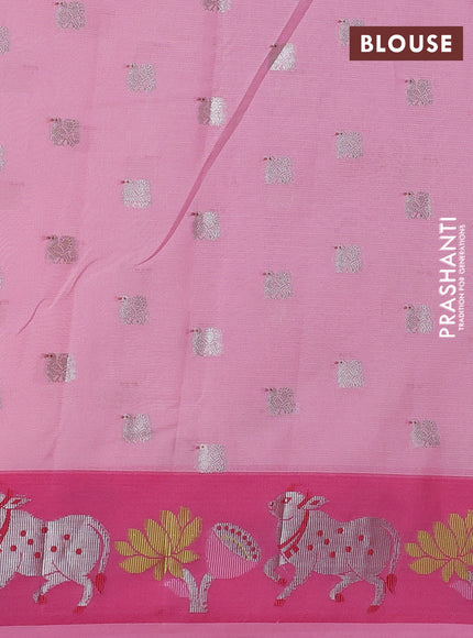 Cotton zari kota saree pastel lavender and pink with silver zari woven buttas and pichwai design zari border