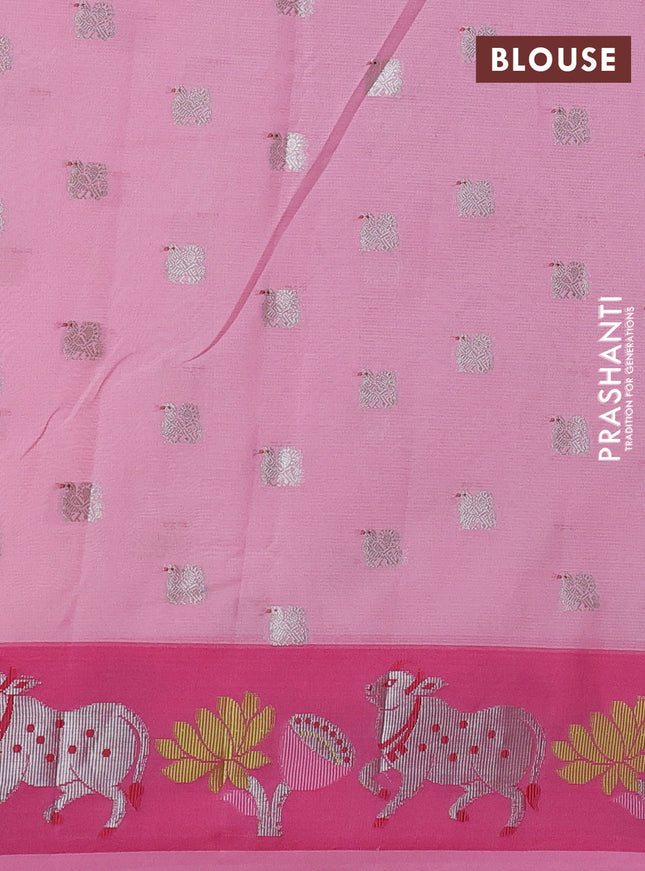 Cotton zari kota saree pastel lavender and pink with silver zari woven buttas and pichwai design zari border