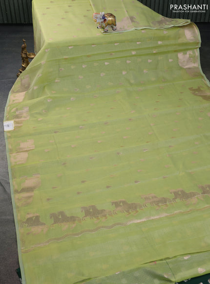 Cotton zari kota saree pista green with zari woven buttas and zari woven butta border