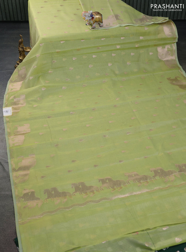Cotton zari kota saree pista green with zari woven buttas and zari woven butta border