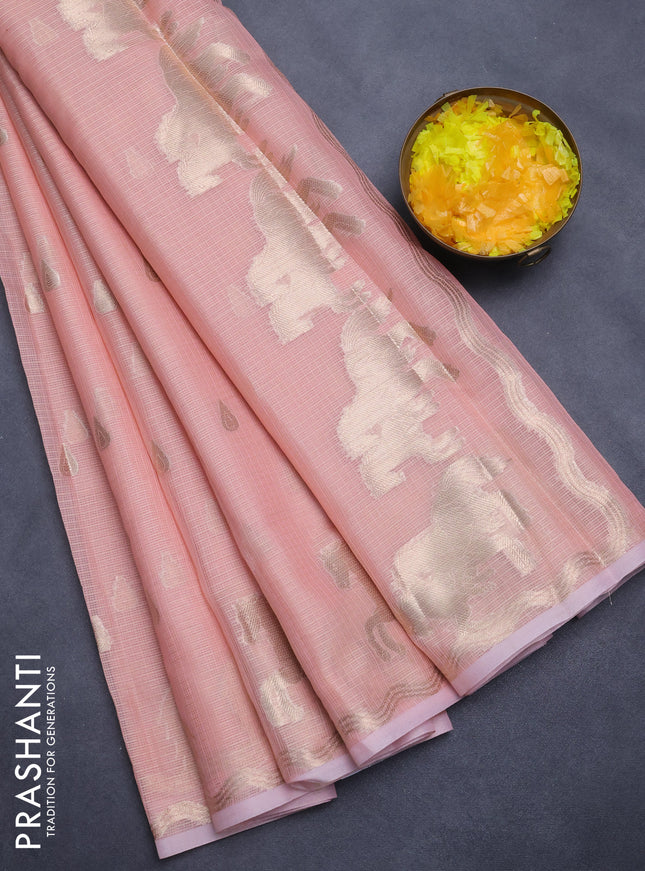 Cotton zari kota saree peach shade with zari woven buttas and zari woven butta border