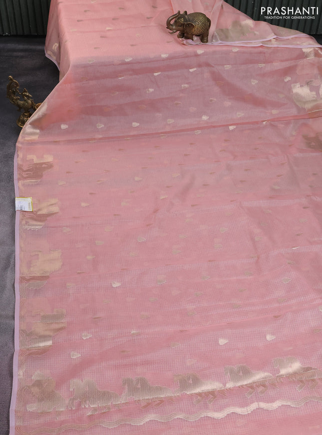 Cotton zari kota saree peach shade with zari woven buttas and zari woven butta border