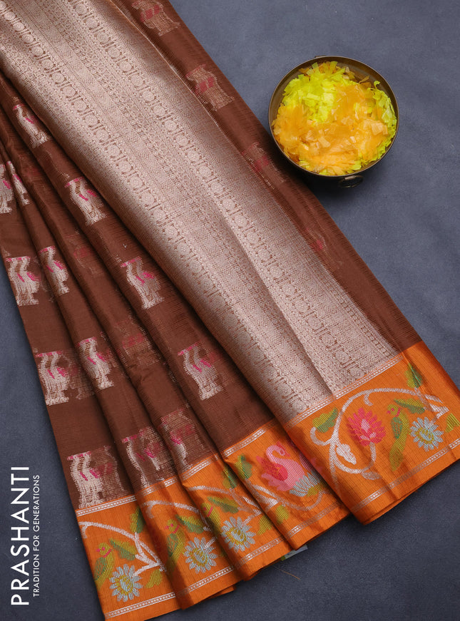 Cotton zari kota saree brown and orange with allover zari woven buttas and zari woven border