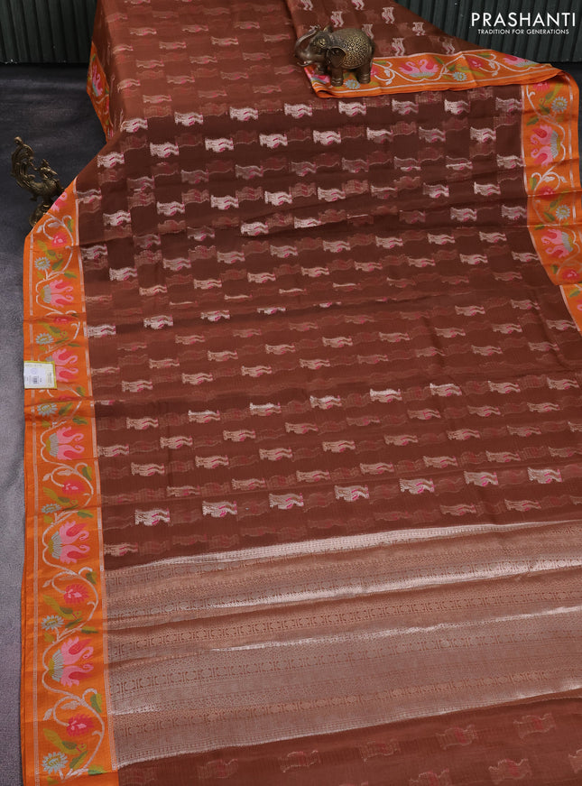 Cotton zari kota saree brown and orange with allover zari woven buttas and zari woven border