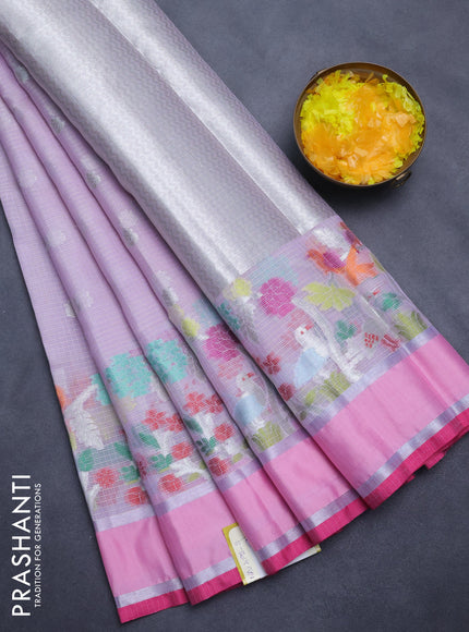 Cotton zari kota saree lavender and pink with silver zari woven buttas and rettapet silver zari woven border