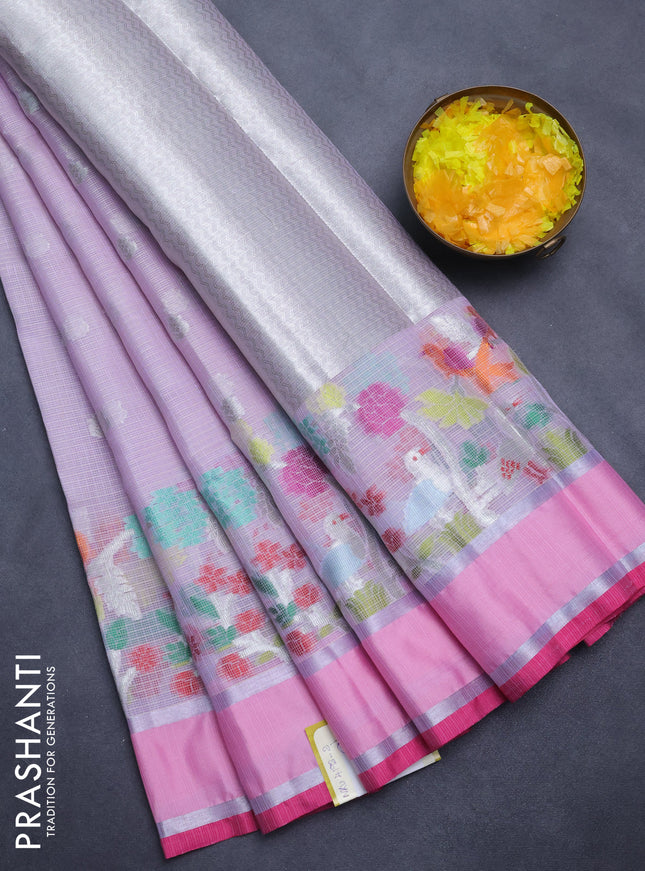 Cotton zari kota saree lavender and pink with silver zari woven buttas and rettapet silver zari woven border