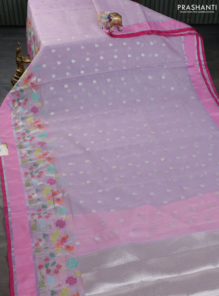 Cotton zari kota saree lavender and pink with silver zari woven buttas and rettapet silver zari woven border