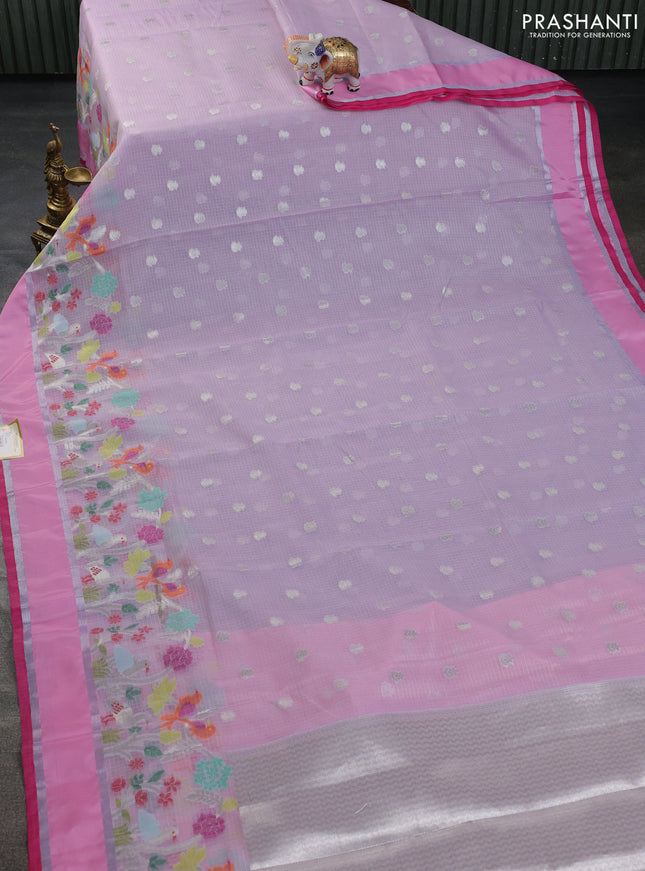 Cotton zari kota saree lavender and pink with silver zari woven buttas and rettapet silver zari woven border