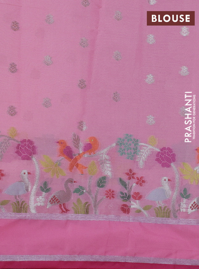 Cotton zari kota saree lavender and pink with silver zari woven buttas and rettapet silver zari woven border