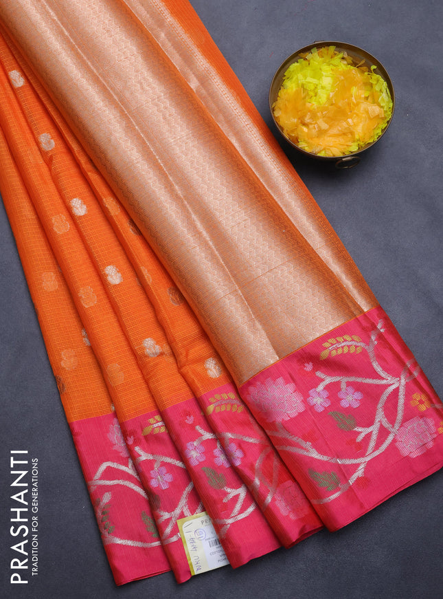 Cotton zari kota saree orange and pink with zari woven buttas and zari woven floral design border