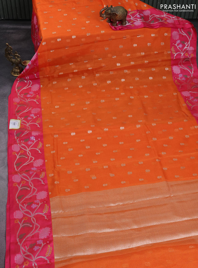 Cotton zari kota saree orange and pink with zari woven buttas and zari woven floral design border