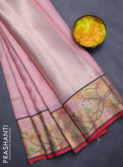 Cotton zari kota saree peach pink with zari woven buttas and zari woven paithani style border