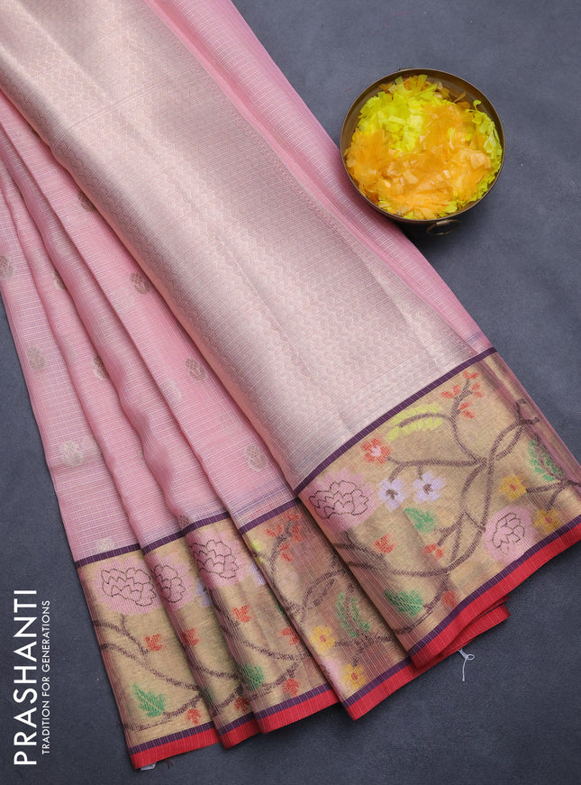 Cotton zari kota saree peach pink with zari woven buttas and zari woven paithani style border