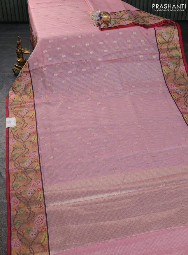 Cotton zari kota saree peach pink with zari woven buttas and zari woven paithani style border