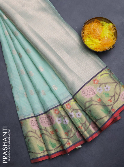 Cotton zari kota saree teal green with zari woven buttas and zari woven paithani style border