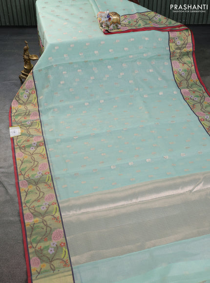 Cotton zari kota saree teal green with zari woven buttas and zari woven paithani style border