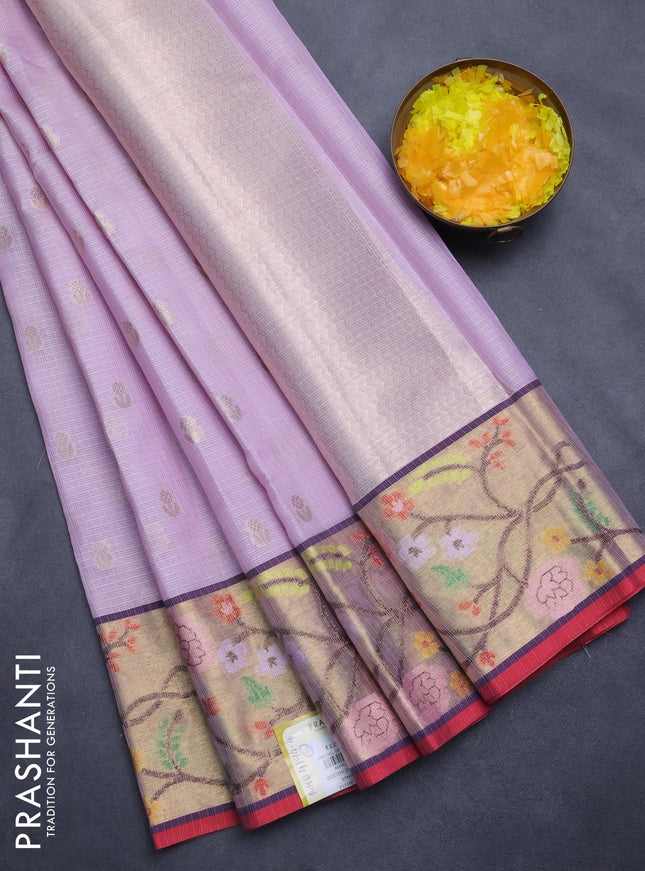 Cotton zari kota saree lavender with zari woven buttas and zari woven paithani style border