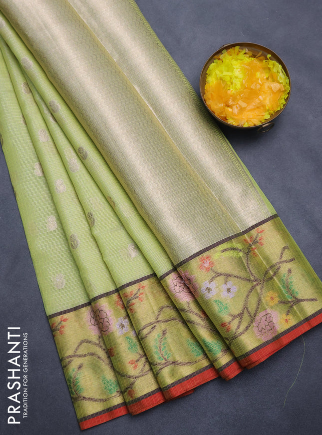 Cotton zari kota saree pista green with zari woven buttas and zari woven paithani style border