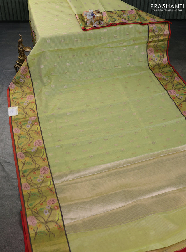 Cotton zari kota saree pista green with zari woven buttas and zari woven paithani style border
