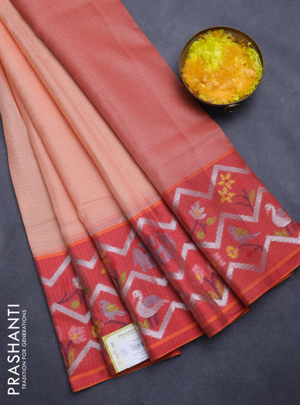 Cotton tissue zari kota saree mild peach orange and maroon with allover zari weaves and zari woven paithani style border