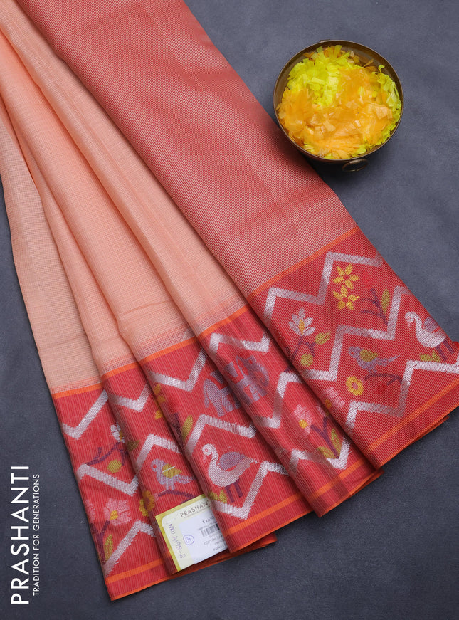 Cotton tissue zari kota saree mild peach orange and maroon with allover zari weaves and zari woven paithani style border