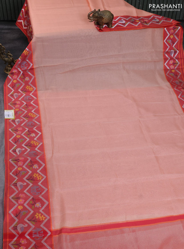 Cotton tissue zari kota saree mild peach orange and maroon with allover zari weaves and zari woven paithani style border