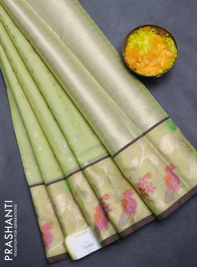 Cotton zari kota saree pista green and wine shade with allover zari woven butats and zari woven paithani style border