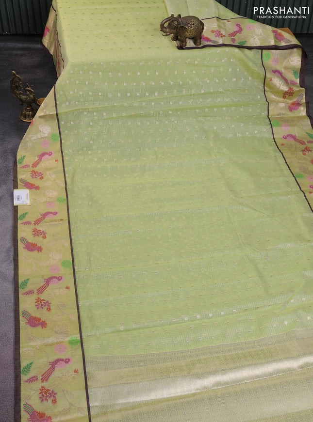 Cotton zari kota saree pista green and wine shade with allover zari woven butats and zari woven paithani style border