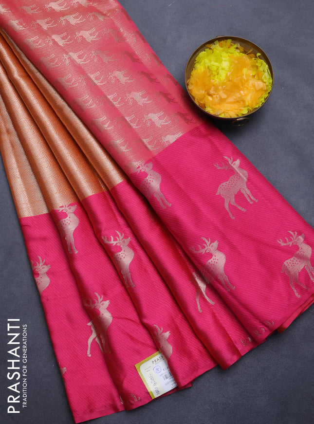 Cotton zari kota saree orange and pink with allover zari woven brocade weaves and deer design butta border