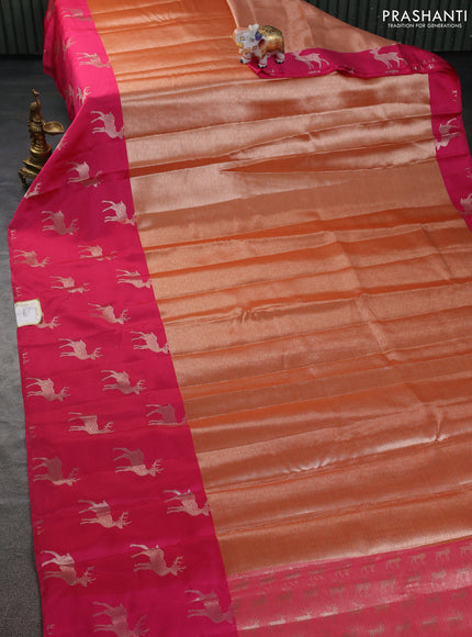 Cotton zari kota saree orange and pink with allover zari woven brocade weaves and deer design butta border