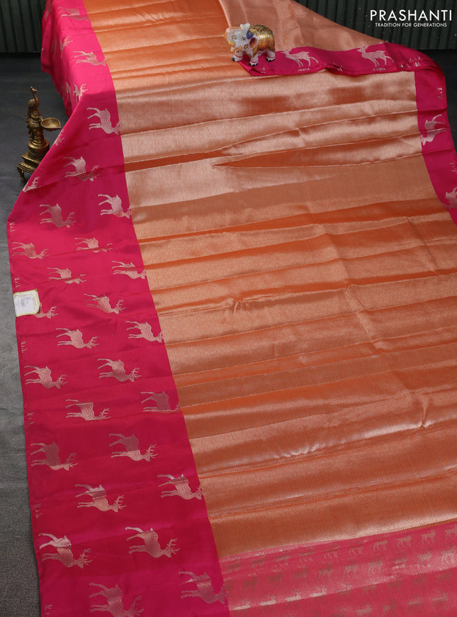 Cotton zari kota saree orange and pink with allover zari woven brocade weaves and deer design butta border