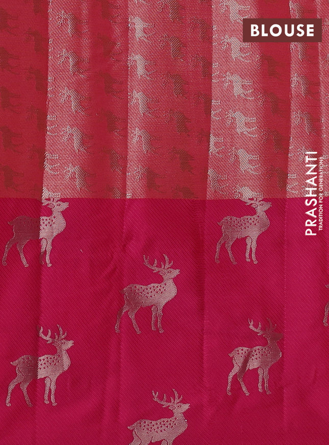 Cotton zari kota saree orange and pink with allover zari woven brocade weaves and deer design butta border